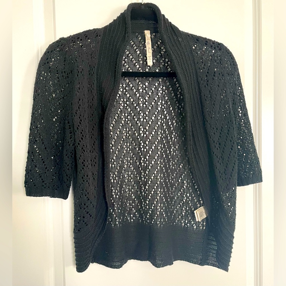 Leo & Nicole Open Knit Cardigan Blouse Womens S Black Whimsigoth Dark Geometric